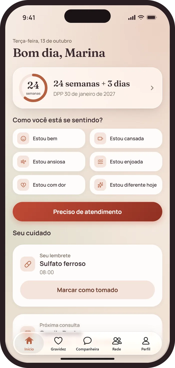 Tela Início do Juntas: semanas de gestação, check-in de humor e o lembrete do medicamento