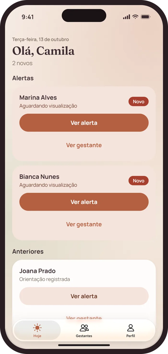 Tela Hoje da profissional, com os alertas